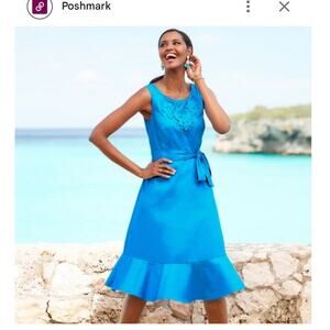 NWT Talbots Cotton Poplin Dress Cerulean Blue Embroidered cut‎ out sz 14P